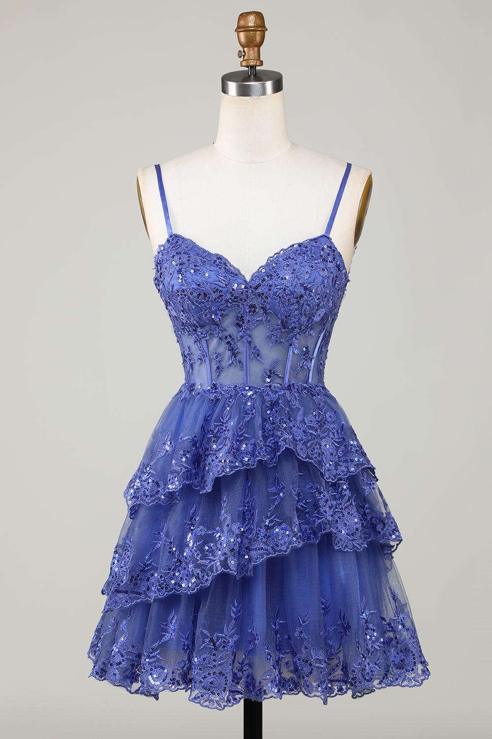 Sparkly A-Line Sequins Tiered Purple Short Corset Homecoming Dress