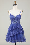Sparkly A-Line Sequins Tiered Purple Short Corset Homecoming Dress