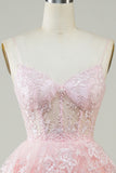 Gorgeous A Line Spaghetti Straps Pink Sparkly Corset Homecoming Dress