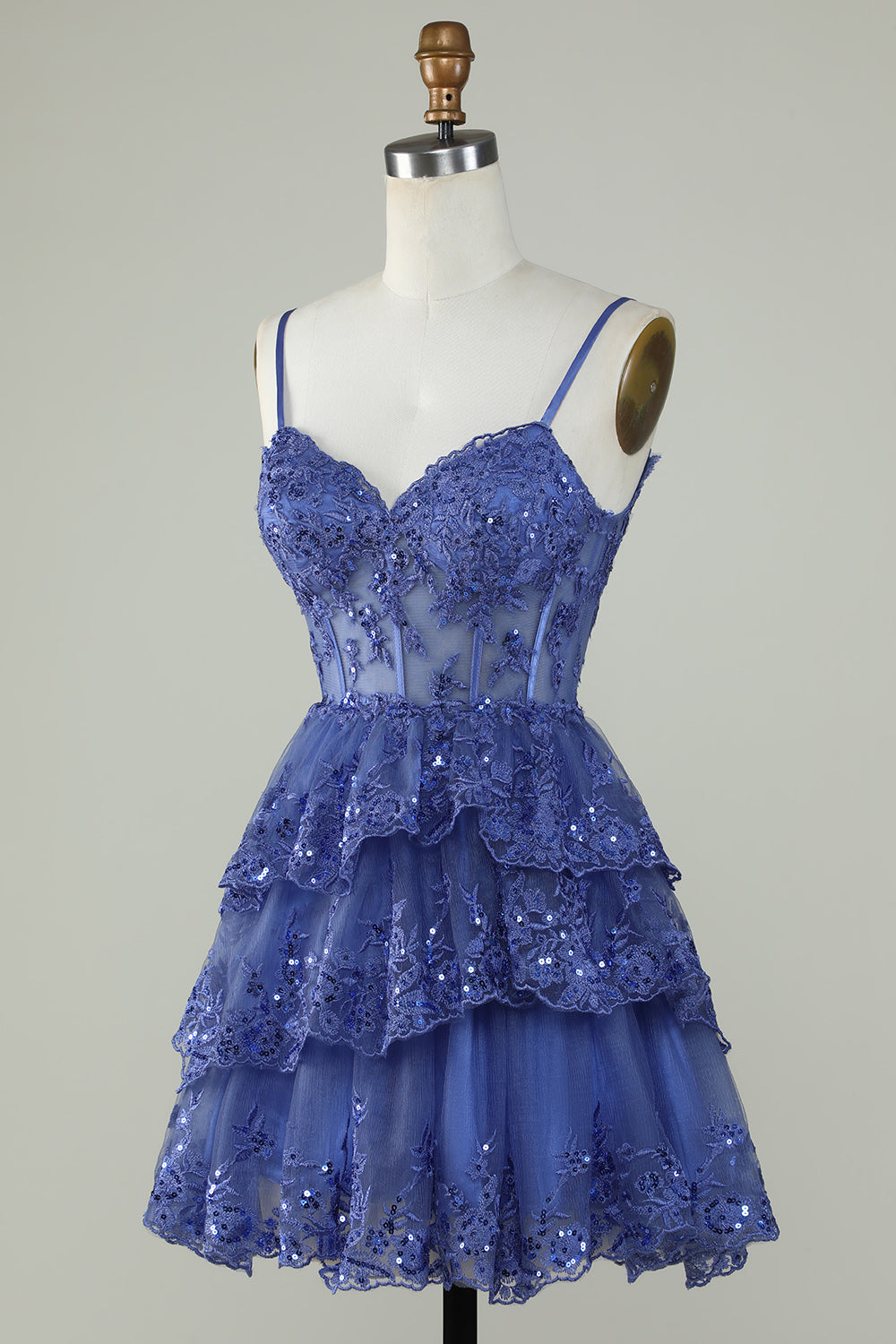 Cute A Line Spaghetti Straps Dark Blue Sparkly Corset Homecoming Dress with Sequins
