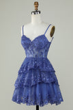 Cute A Line Spaghetti Straps Dark Blue Sparkly Corset Homecoming Dress with Sequins