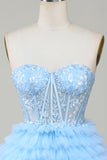 Cute A-Line Sweetheart Blue Corset Short Homecoming Dress with Ruffles