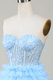 Cute A-Line Sweetheart Blue Corset Short Homecoming Dress with Ruffles