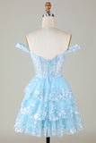 Sparkly Blue Corset Tiered Lace A-Line Short Homecoming Dress