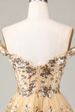 Sparkly Golden Corset Tiered Lace A-Line Short Homecoming Dress