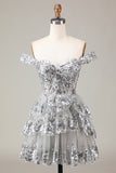 Sparkly Blue Corset Tiered Lace A-Line Short Homecoming Dress