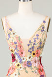 Bodycon Deep V-Neck Champagne Short Homecoming Dress with Appliques