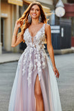 Grey Pink A Line Deep V Neck Long Prom Dress with Appliques