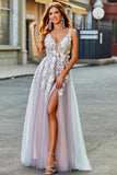 Grey Pink A Line Deep V Neck Long Prom Dress with Appliques