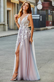 Grey Pink A Line Deep V Neck Long Prom Dress with Appliques