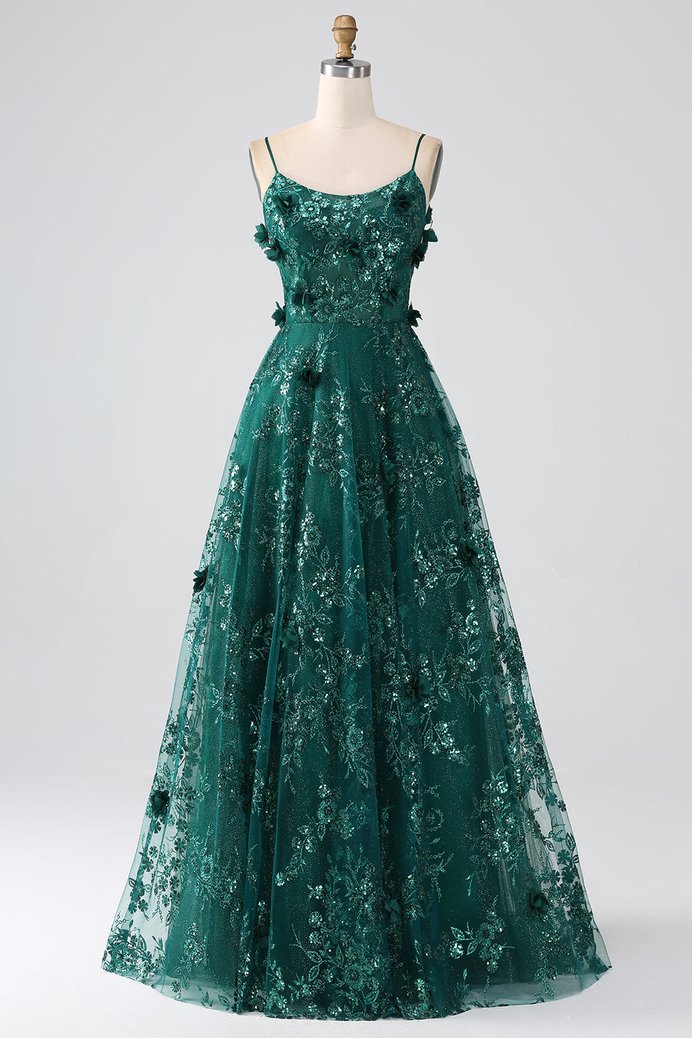 Glitter Grey Green Spaghetti Straps Lace Flower Long Corset Prom Dress