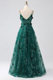 Glitter Grey Green Spaghetti Straps Lace Flower Long Corset Prom Dress