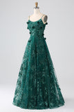 Glitter Grey Green Spaghetti Straps Lace Flower Long Corset Prom Dress