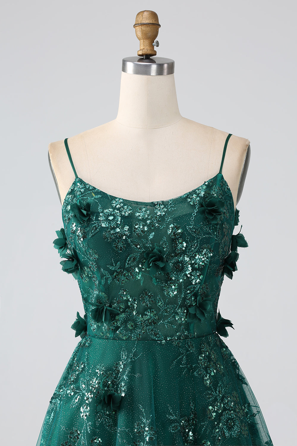 Glitter Grey Green Spaghetti Straps Lace Flower Long Corset Prom Dress