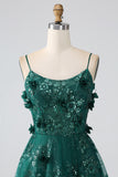 Glitter Grey Green Spaghetti Straps Lace Flower Long Corset Prom Dress