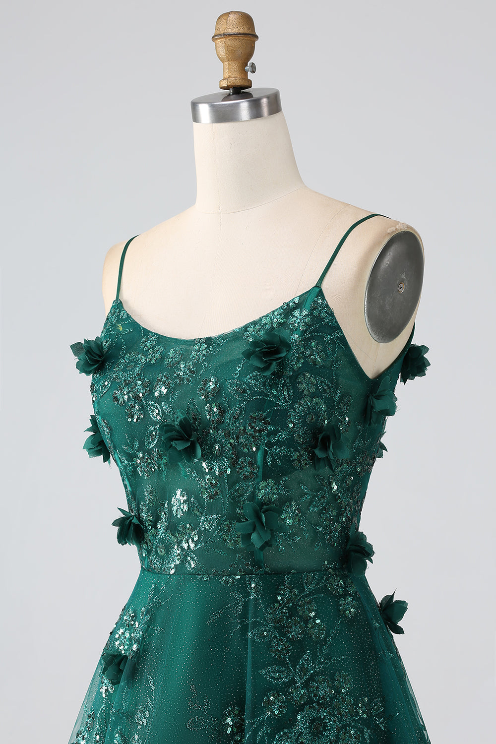 Glitter Grey Green Spaghetti Straps Lace Flower Long Corset Prom Dress