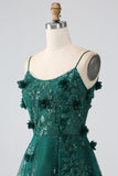 Glitter Grey Green Spaghetti Straps Lace Flower Long Corset Prom Dress