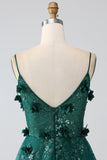 Glitter Grey Green Spaghetti Straps Lace Flower Long Corset Prom Dress