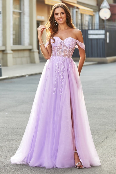 Zapaka Women Off The Shoulder Lilac A-Line Beaded Long