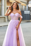 Off The Shoulder Light Purple A-Line Beaded Corset Prom Dress