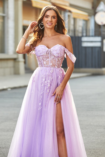 Zapaka Women Off The Shoulder Lilac A-Line Beaded Long Corset Prom Dress ZAPAKA Zapaka Women Off The Shoulder Lilac A-Line Beaded Long Corset Prom Dress ZAPAKA