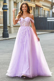 Off The Shoulder Light Purple A-Line Beaded Corset Prom Dress