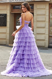 Purple Tulle A-Line Tiered Long Prom Dress with Slit