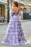 Gorgeous A Line Off the Shoulder Lavender Printed Long Prom Dress with Ruffles