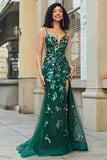 Stunning Mermaid Spaghetti Straps Dark Green Long Prom Dress with Appliques