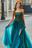 Gorgeous A Line Spaghetti Straps Dark Green Long Prom Dress with Appliques