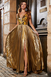 Stunning A Line V-Neck Golden Long Metallic Prom Dress with Split Front