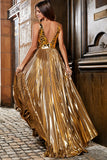 Stunning A Line V-Neck Golden Long Metallic Prom Dress with Split Front