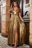 Stunning A Line V-Neck Golden Long Metallic Prom Dress with Split Front