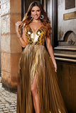 Stunning A Line V-Neck Golden Long Metallic Prom Dress with Split Front