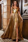 Stunning A Line V-Neck Golden Long Metallic Prom Dress with Split Front