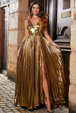 Stunning A Line V-Neck Golden Long Metallic Prom Dress with Split Front