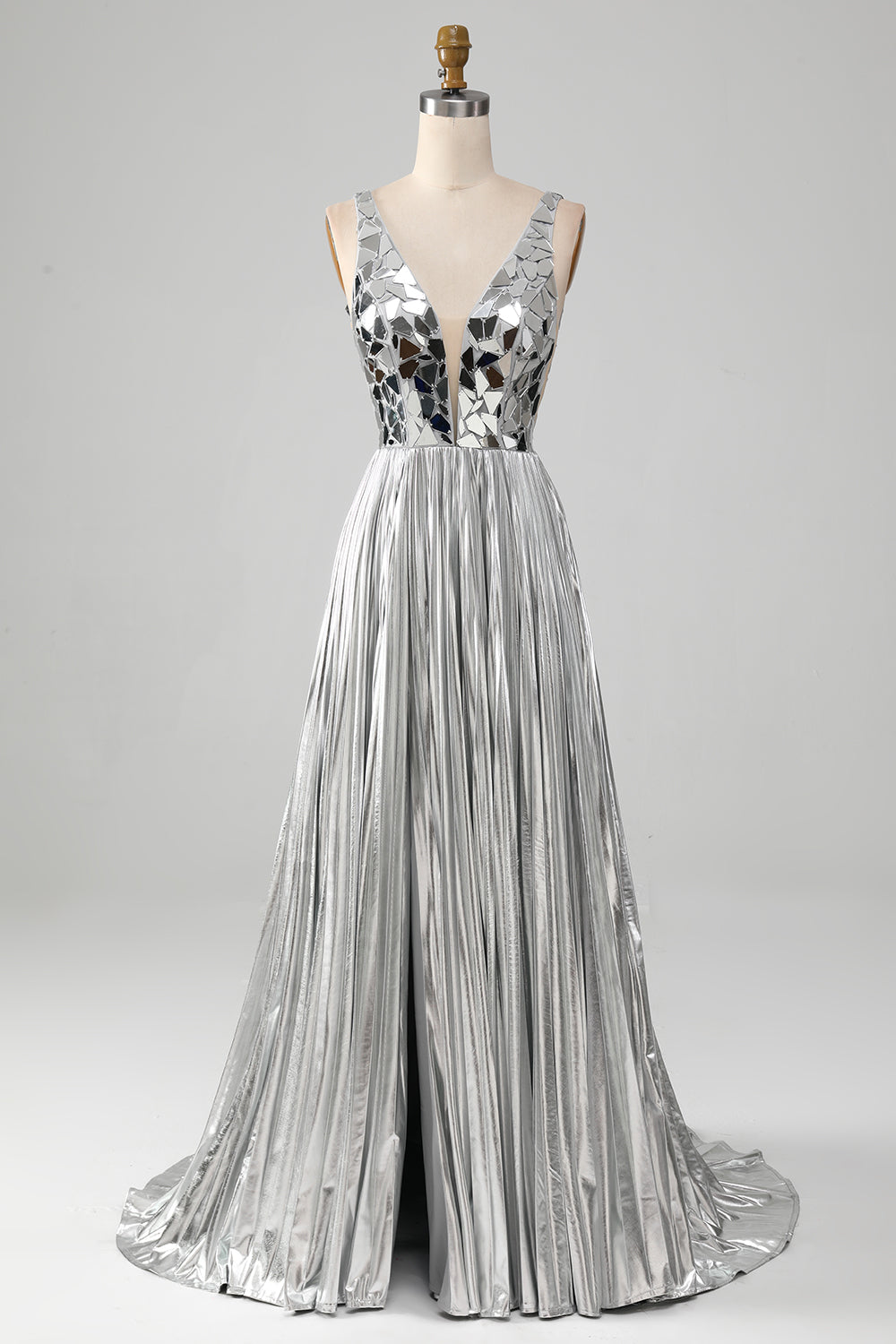 Stunning A Line V-Neck Golden Long Metallic Prom Dress with Split Front