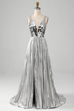 Stunning A Line V-Neck Golden Long Metallic Prom Dress with Split Front