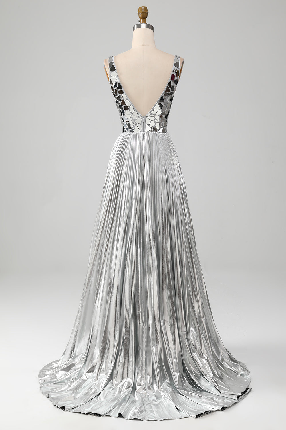 Stunning A Line V-Neck Golden Long Metallic Prom Dress with Split Front