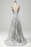 Stunning A Line V-Neck Golden Long Metallic Prom Dress with Split Front