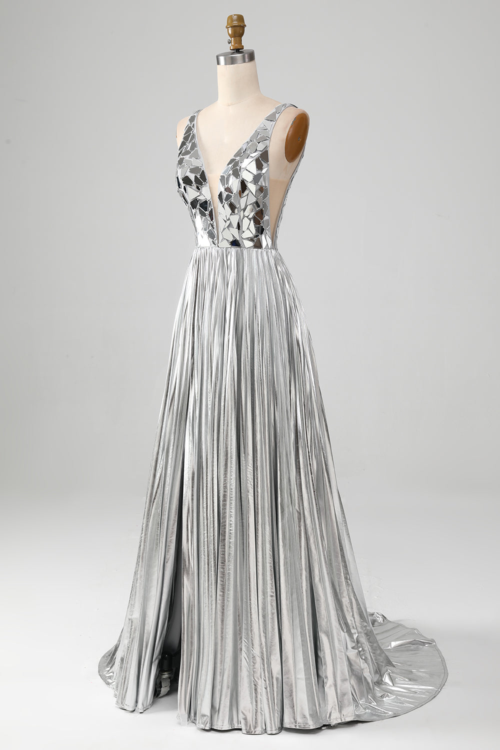 Stunning A Line V-Neck Golden Long Metallic Prom Dress with Split Front