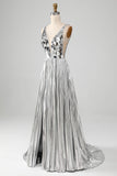 Stunning A Line V-Neck Golden Long Metallic Prom Dress with Split Front