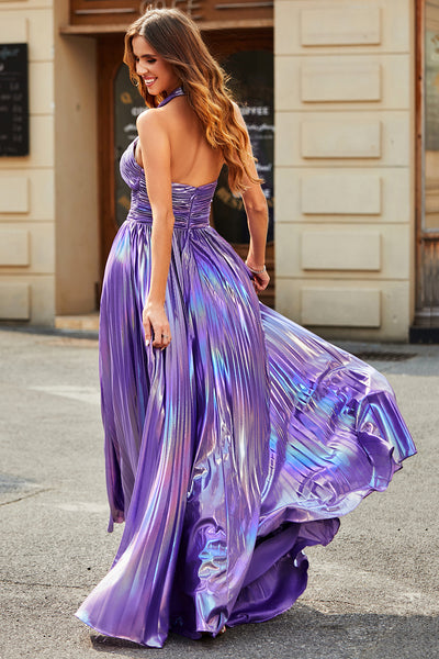 Simple Purple Criss-Cross Strap Halter V-neck Slit Long Prom Dress