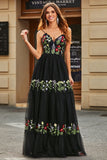 Gorgeous A Line Spaghetti Straps Black Long Prom Dress with Embroidery