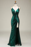 Hot Mermaid Spaghetti Straps Dark Green Long Prom Dress with Open Back