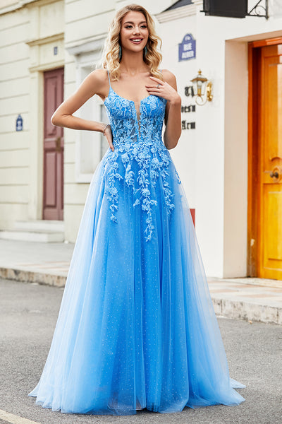 ZAPAKA Women Blue Prom Dress A-Line Spaghetti Straps Tulle Evening Dress With Appliques, Blue / US8