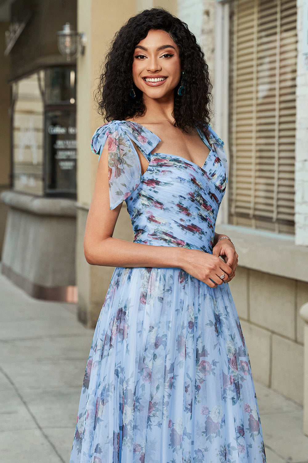 Blue A-Line Printed Adjustable Straps Long Prom Dress