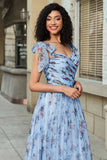Blue A-Line Printed Adjustable Straps Long Prom Dress