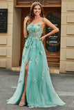 A-Line Green Tulle Corset Prom Dress with Appliques