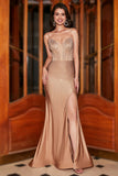Trendy Mermaid Spaghetti Straps Champagne Corset Evening Dress with Beading